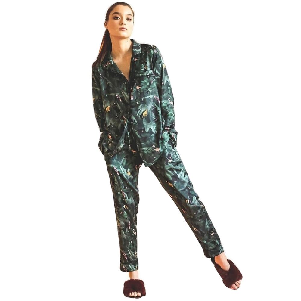 Plush Apparel Revolve Satin Pajama Set NWT Emerald Green Tropical Jungle Pants S